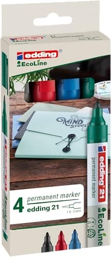 Image of edding 21 Ecoline permanent marker set - black, red, blue, green - 4 pens - round tip 1.5-3 mm - waterproof, quick-drying, smear-proof pens - for cardboard, plastic, glass, wood, metal and fabric