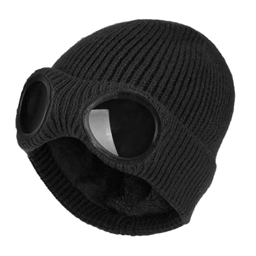 Image of HTTDSLF Unisex Beanie Hat, Winter Warm Knitted Beanie Hat,Windproof Skull Cap for Outdoor Sport,Windproof Thermal Soft Lining Skiing Hiking Running Beanie with Detachable Goggles Black