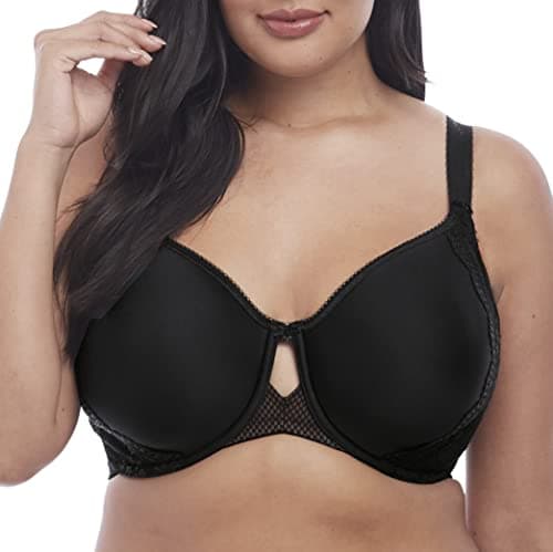 Image of Elomi Women's Charley Bandless T-Shirt Floral Lace, Breathable Spacer Fabric, Diamond Mesh Detail. Dd+ Bras, Black, 38E