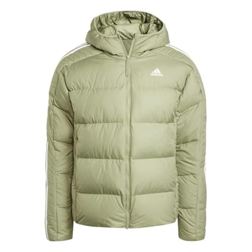 Image of adidas Men's Essentials Midweight Down Hooded Stripes Jacket, TENT GREEN F16, M