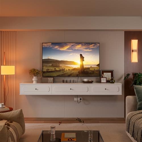 Image of Artifyshore Floating TV Unit,140cm Wall Mounted TV Cabinet with 3 Doors, High Gloss White Media Console, Modern Storage Unit with Cable Management for Living Room Bedroom for TVs up to 65 Inch