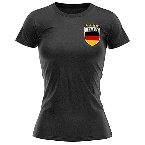 Image of Germany Football Shirt Women - Retro Germany Flag Badge T Shirt - Football Country European Supporters 2020 Tee Her - German Tournament 2021 Footy Soccer Top, M, Black