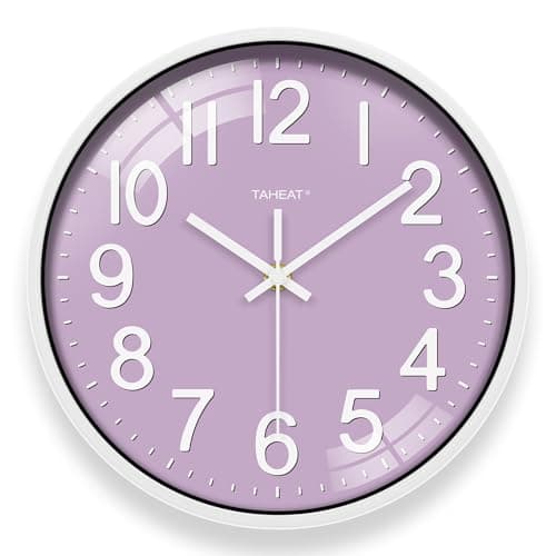 Image of TAHEAT Wall Clock, 12 Inch Large Decorative Purple Clock for Home Office Bedroom - Big Arabic Numerals, Silent Quartz Movement, Battery Powered