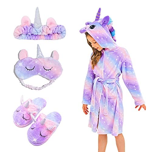 Image of FZOSM Girls Soft Unicorn Dressing Gown Hooded Fleece Robe Casual Sleepwear with Unicorn Slippers for Kids (Bright Purple, 5-6 Years)