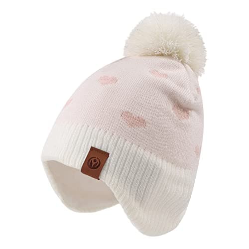 Image of XIAOHAWANG Knitted Baby Hat Winter Warm Boys Girls Beanie Fleece Lining Toddler Kids Hat with Pompom (White Heart Hat, M)