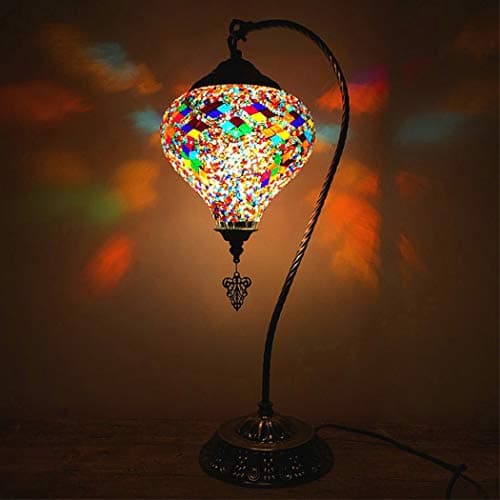 Image of (6 Colors) Turkish Mosaic Table Lamp Handmade Glass Lamp Swan Neck Desk Light Moroccan Bohemia Retro Art Stained Glass Style Night Light with Bronze Base for Bedroom Cafe, 7 Inch,F