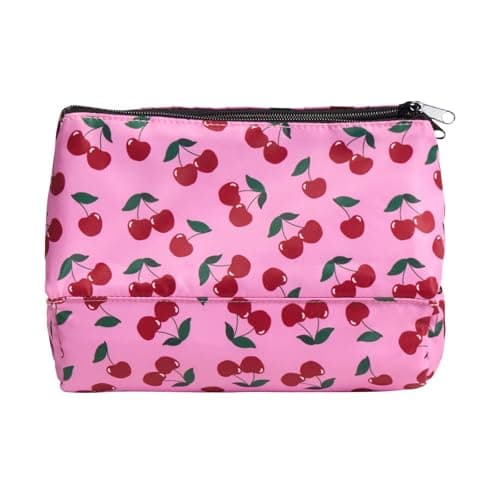 Image of OHS Cherry Print Travel Toiletry Bag Large Wash Bag Women Pouch Makeup Cosmetic Bags with 3 Zipper Compartments Organiser Travel Accessories for Women, Pink