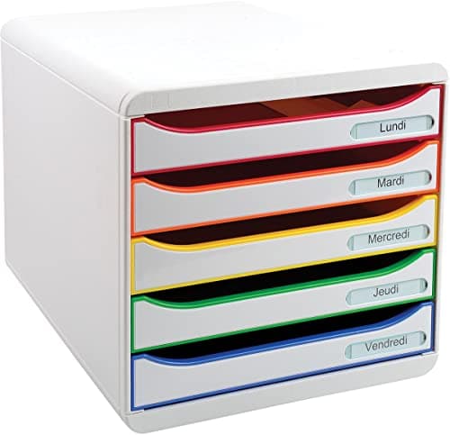 Image of Exacompta - Ref 309913D - BIG-BOX PLUS Desktop Drawer Set - 5 x 43mm Drawers, Suitable for A4+ Documents, 347 x 278 x 271mm, 100% Recycled Plastic - White/Harlequin/White