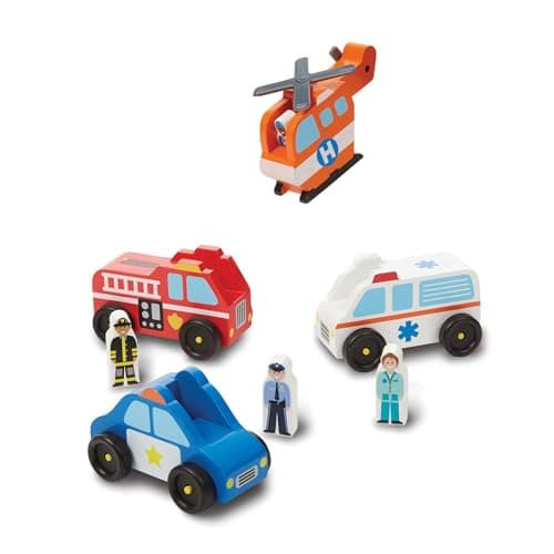 Image of Melissa & Doug Emergency Vehicle Wooden Play Set with 4 Rescue Vehicles and Figures, Educational Toy for Kids Age 2+