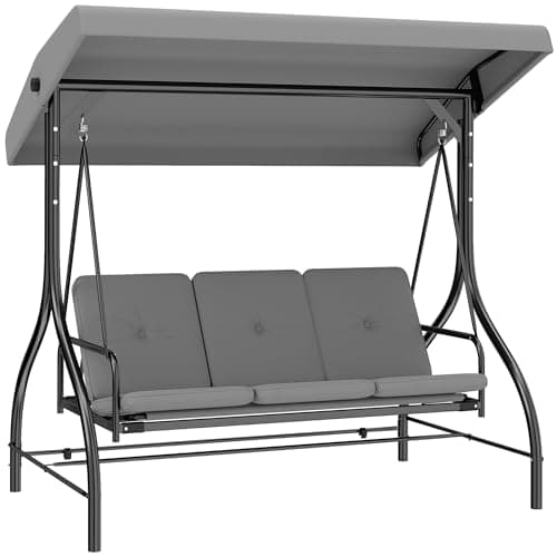 Image of Outsunny 3 Seater Canopy Swing Chair, 2 in 1 Garden Swing Seat Bed, with Adjustable Canopy and Metal Frame, Light Grey