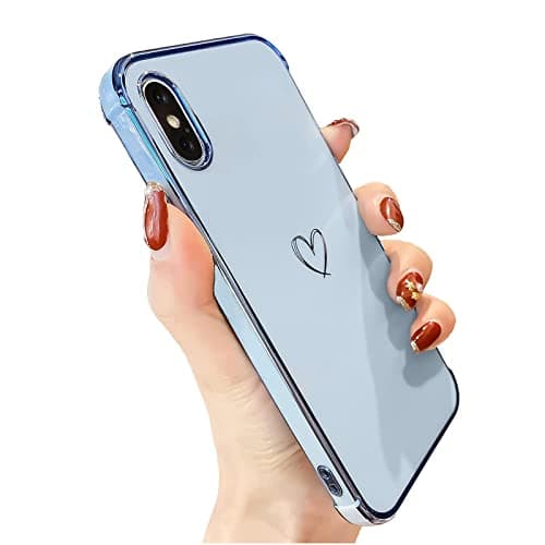 Image of Knoowcase iPhone X Case iPhone XS Phone Case for Girls Women Shockproof Flexible Silicone Bumper Lens Protection Luxury Plated Gold Heart Slim Anti Scratch Phone Cover, Blue