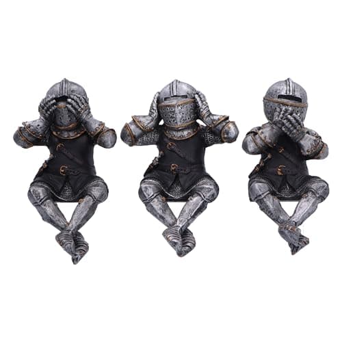 Image of Nemesis Now Three Wise Knights Figurines (Shelf Sitters) 11cm, Resin, Silver, 'See No Evil, Hear No Evil, Speak No Evil' Sitting Knight Figurines, Cast in the Finest Resin, Expertly Hand-Painted