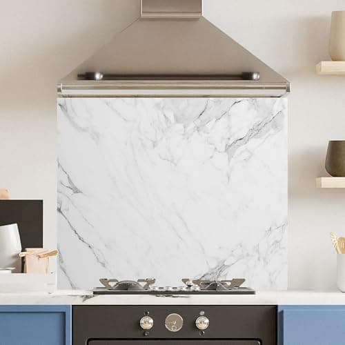 Image of Toughened 6mm Glass Kitchen Splashback 90 x 75cm White Veiny Marble - Polished Heat Resistant Back Splash for Cookers Hob