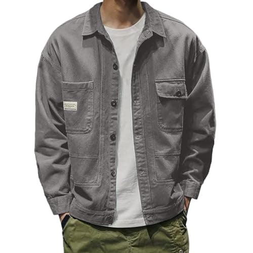 Image of Generisch Men's Winter Jacket Blouson Jacket Male Loose Casual Denim Jacket Retro Work Shirt, gray, 3XL