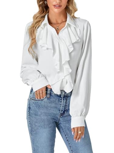 Image of LYANER Women's Dressy Ruffle Blouse Long Sleeve Collar Neck Button Down Victorian Shirt Tops, White, XS