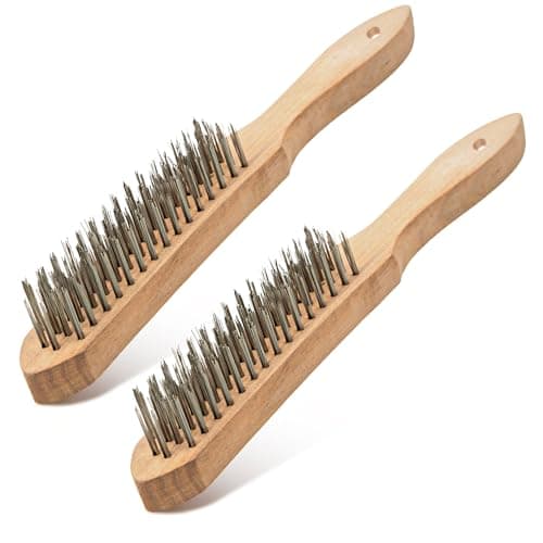 Image of ZAVIA 2 Pack Wooden Wire Brush for Rust Removal | 4 Row Carbon Steel Wire Scratch Brush for Cleaning Corrosion Off Small Metal Parts | Metal Cleaning Wire Brushes for Welding Slag Removal