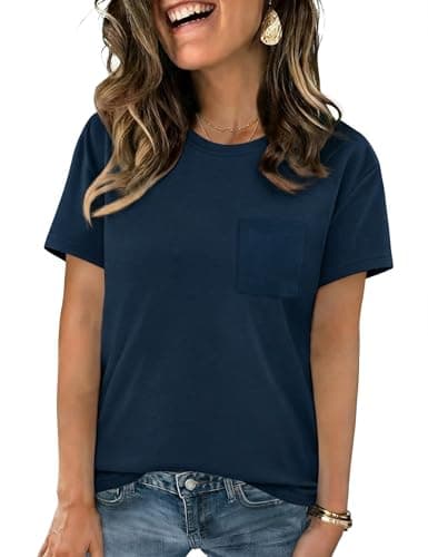 Image of Crewhpo Women's T-Shirts Short Sleeve Round Neck T-Shirt with Chest Pocket Summer Casual Plain Tees Loose Fit Blouse Basic Tops Navy Blue
