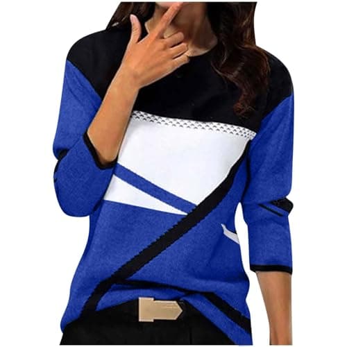 Image of Women's Warm Elegant Printed Crew Neck Comfortable Pullover Long Sleeve Knitted Casual Sweatshirt, darkblue, XL