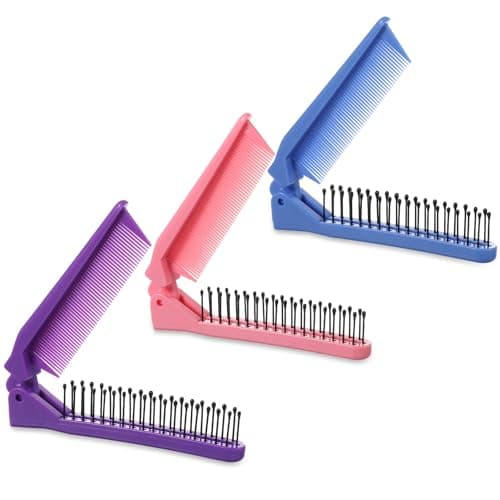 Image of Folding Hair Brush, 3 Pcs Portable Travel Comb Set Multicolor Foldable Hair Brush Double Headed Compact Folding Brush Massage Head Brush and Fine Tooth Hair Comb for Women (Pink, Blue, Purple)