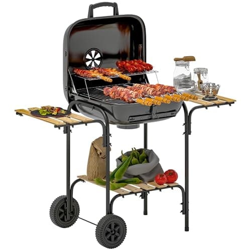 Image of Outsunny Charcoal Barbecue Grill Portable BBQ Grill with 1840 cm² Cooking Area, 3 Shelves, Adjustable Vent, Lockable Lid, Wheels for Outdoor Cooking, Garden Party, Black