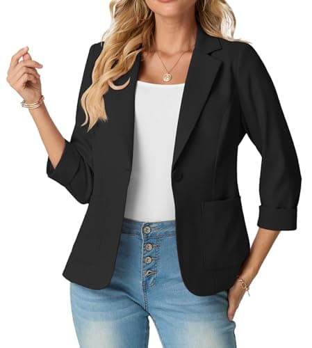 Image of GRECERELLE Womens Blazer Suit Elegant 3/4 Sleeve Notch Lapels Collar Jackets Business Work Office Cardigans Jacket Suiting & Blazers with Pockets Button for Ladies (Black, 10)