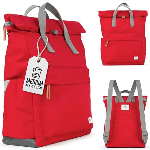Image of ROKA Canfield Roll Top Backpack for Women & Men - Large Nylon Roll Top Rucksack w/Magnetic Closure - Work, School, Travel Backpack - Cranberry Red