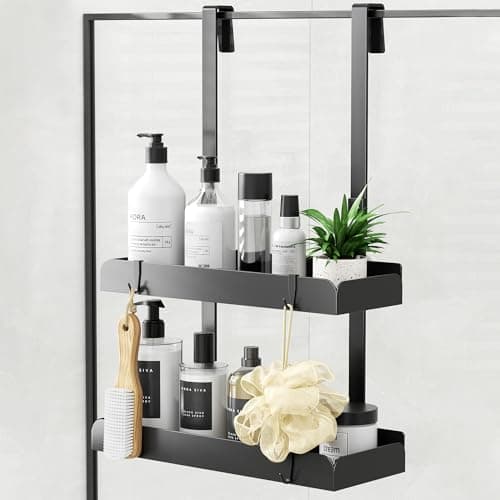 Image of pickpiff Shower Caddy Hanging Organiser Storage - Over Door Shower Shelf No Drilling Bathroom Rack Basket Bath Accessories No Drilling Black 2-Tier Shower Storage Stainless Steel