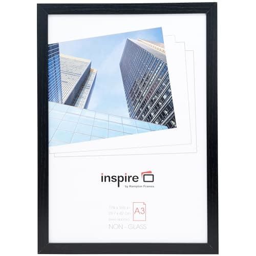 Image of Hampton Frames | Poster Frame | A3 (30x42cm), Black, Rectangular, Wood Effect MDF, Acrylic Front | Lightweight, Wall Mount, Portrait or Landscape | For Photos, Prints, Artwork Display