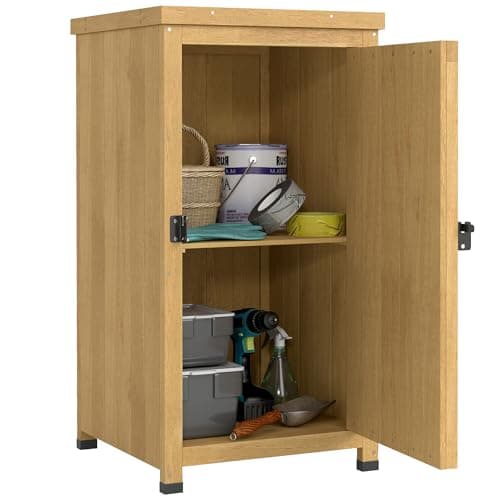 Image of Outsunny Wooden Garden Shed, Garden Tool Storage Shed with Galvanised Top and Shelf, Outdoor Storage Cabinet with Door, Light Brown