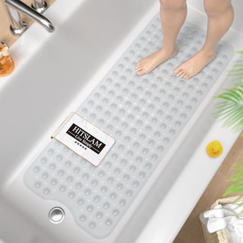 Image of HITSLAM Non Slip Bath Mat for Tub, 101 x 40cm Extra Long Shower Mat Anti Mould, Machine Washable Bathroom Bathtub Mat with Suction Cups and Drain Holes, Soft on Feet, Clear