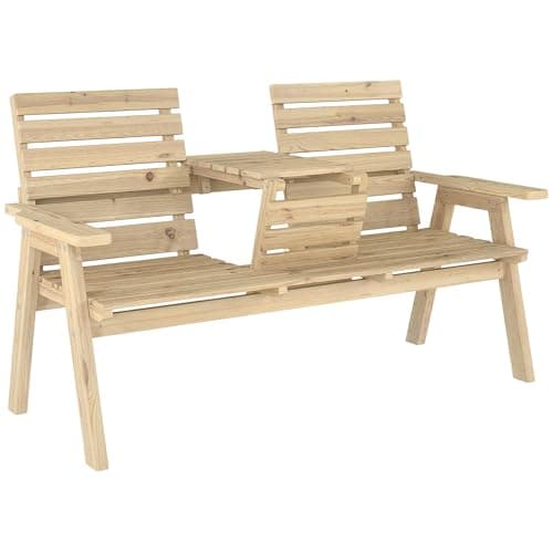 Image of Outsunny Garden Loveseat, 2 Seater Wooden Garden Bench with Convertible Middle Table, Three-Seater Outdoor Bench Seat for Patio, Park, Porch, Natural Wood Finish