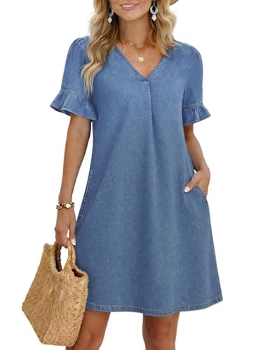 Image of Fengbay Summer Denim Dresses for Women UK V Neck Ruffle Short Sleeve Casual Elegant Shift Ladies Jean Shirt Dress with Pockets Light Blue