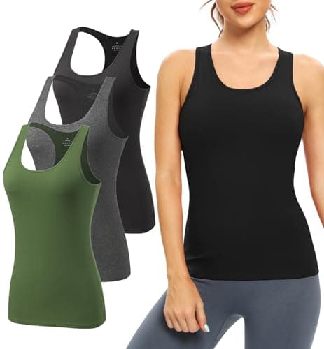 Image of Ymmchy Women Racerback Tank Top with Built in Shelf Bra Athletic Vest 3 Pack Black/Dark Grey/ArmyGreen S