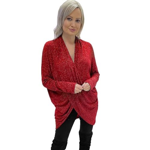Image of Want Clothing Women Glittery Lurex Sparkle Crossover Front Drape Neck Casual Wrapover Hi Lo Top Blouse (UK, Numeric, 14, 16, Regular, Regular, Red Glitter)