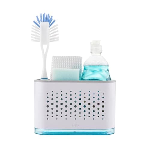 Image of Minky Slimline Sink Tidy, Caddy With Removable Drip Tray, Storage Organiser, Brush and Sponge Holder for Kitchen, Cleaning Organiser, Made in The UK (White/Light Grey)