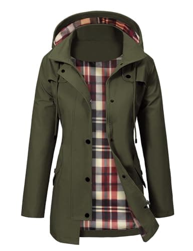 Image of PASUDA Women's Waterproof Jacket Long Rain Coats Hooded Rain Jacket with Pockets Lightweight Windbreaker Raincoat Functional Trench Coats Hiking Running Camping Outdoor Coats (Army Green, M)