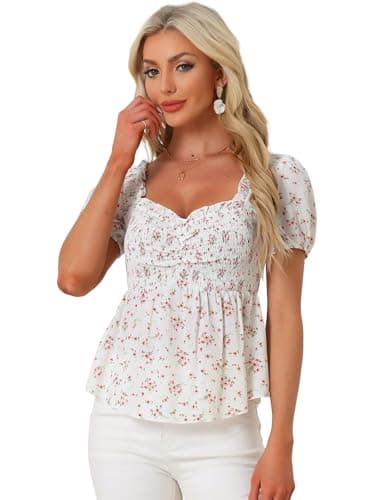 Image of Allegra K Puff Short Sleeve Floral Blouse for Women's Sweetheart Neck Shirred Ruffle Peplum Top White XL