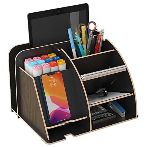 Image of NUODWELL Wooden Desk Organiser with Phone Docking Station, Office Stationary Desk Tidy Organiser Pencil Holder Storage Box Desk Accessories(Black)