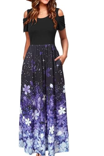 Image of STYLEWORD Women's Summer Cold Shoulder Short Sleeve Maxi Dress Floral Print Elegant Long Dress with Pockets(Black Purple Floral,L)