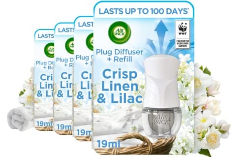 Image of Airwick Essential Oils Air Freshener, Electrical Plug in Kit Gadget and Refill, Crisp Linen and Lilac, 19 ml, Pack of 4