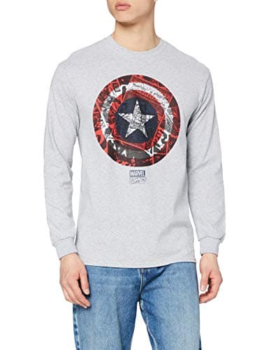 Image of Marvel Men's Captain America Ca Comic Shield Long Sleeve Top, Sports Grey, Small