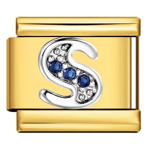 Image of Mon & Sons S Crystal 18k Gold Letter Initial Name Tag Alphabet Personalised Birthday Silver Italian 9mm Link Stainless Steel Bracelet Charm Compatible With 9mm Link