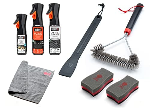 Image of Weber Cleaning Kit for Q & Pulse Barbecues/Includes Grate Cleaner (300 ml), Q & Pulse Cleaner (300 ml), Non-Stick Spray (200 ml), Three-Sided BBQ Brush (30 cm), Scraper, Microfibre Cloth & 2 Sponges