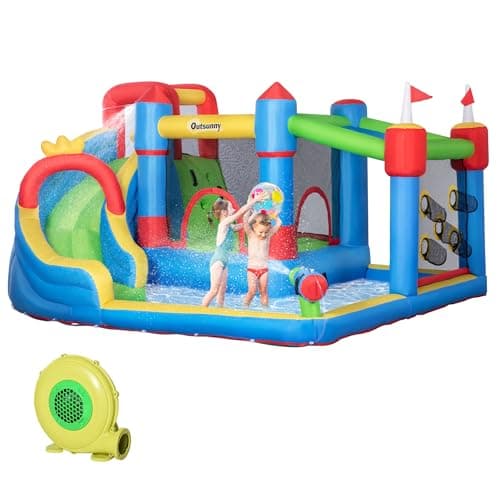 Image of Outsunny Bouncy Castle, 6-in-1 Kids Inflatable Bounce House, Kids Inflatable Jumping Castle with Water Slide, Water Gun, Climbing Wall, Air Blower for Indoors/Outdoors, 3.9 x 3 x 2m