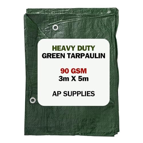 Image of AP Supplies Green Tarpaulin 90gsm Waterproof Cover Sheet 3m x 5m | M-Grade Polyethylene Ground Sheet with Reinforced Edges & Aluminium Eyelets for Outdoor Protection