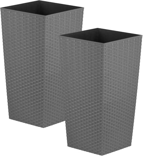 Image of CrazzyGadget Tall Square Plastic Rattan Indoor/Outdoor Planters, Set of 2, Grey, 17 Litre