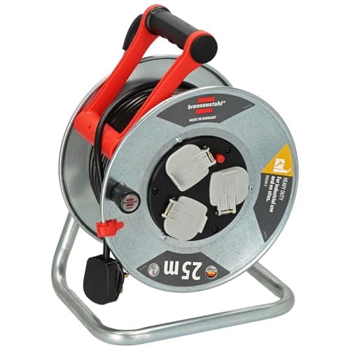 Image of Brennenstuhl Garant Cable Reel 25m (Made in Germany, Extension Lead with 3 sockets and Thermal Cut-Out Protection, Rust-Proof Steel Reel Body, Ergonomic Handle)
