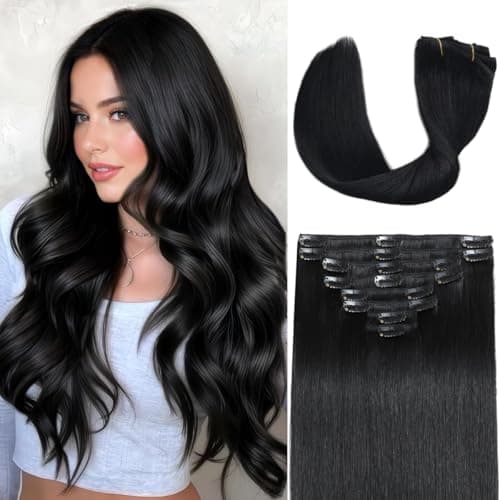 Image of LORIEN Clip in Hair Extensions Real Human Hair, 20 Inch 105g, #1 Jet Black, Clip in 100% Brazilian Remy Human Hair Extensions 8pcs Per Set with 18 Clips Double Weft