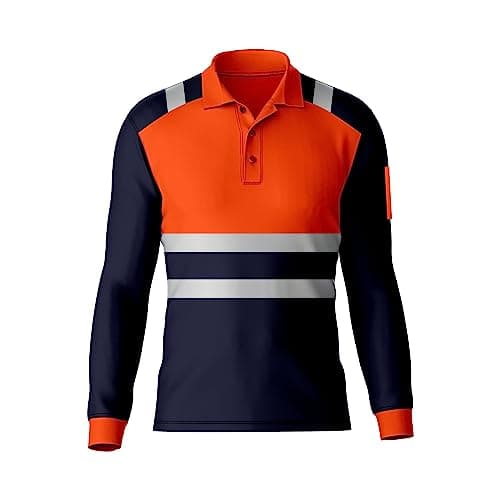 Image of Mens High Visibility Reflective Tape Hi Vis Safety Workwear Polo Shirt Long Sleeve Tee Contrast Tshirt Top Navy Orange