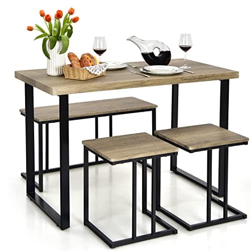 Image of COSTWAY Dining Table and 2 Stool Set with 1 Bench, 4 Pieces Industrial Breakfast Table Chair Set with Reinforced Bar, Metal Frame Dining Room Furniture for Home Kitchen, Oak Grey